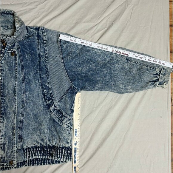 Vintage 80's Acid Wash Denim Bomber Jacket With Ribbed Hem Unisex 18W Distressed - Picture 4 of 11